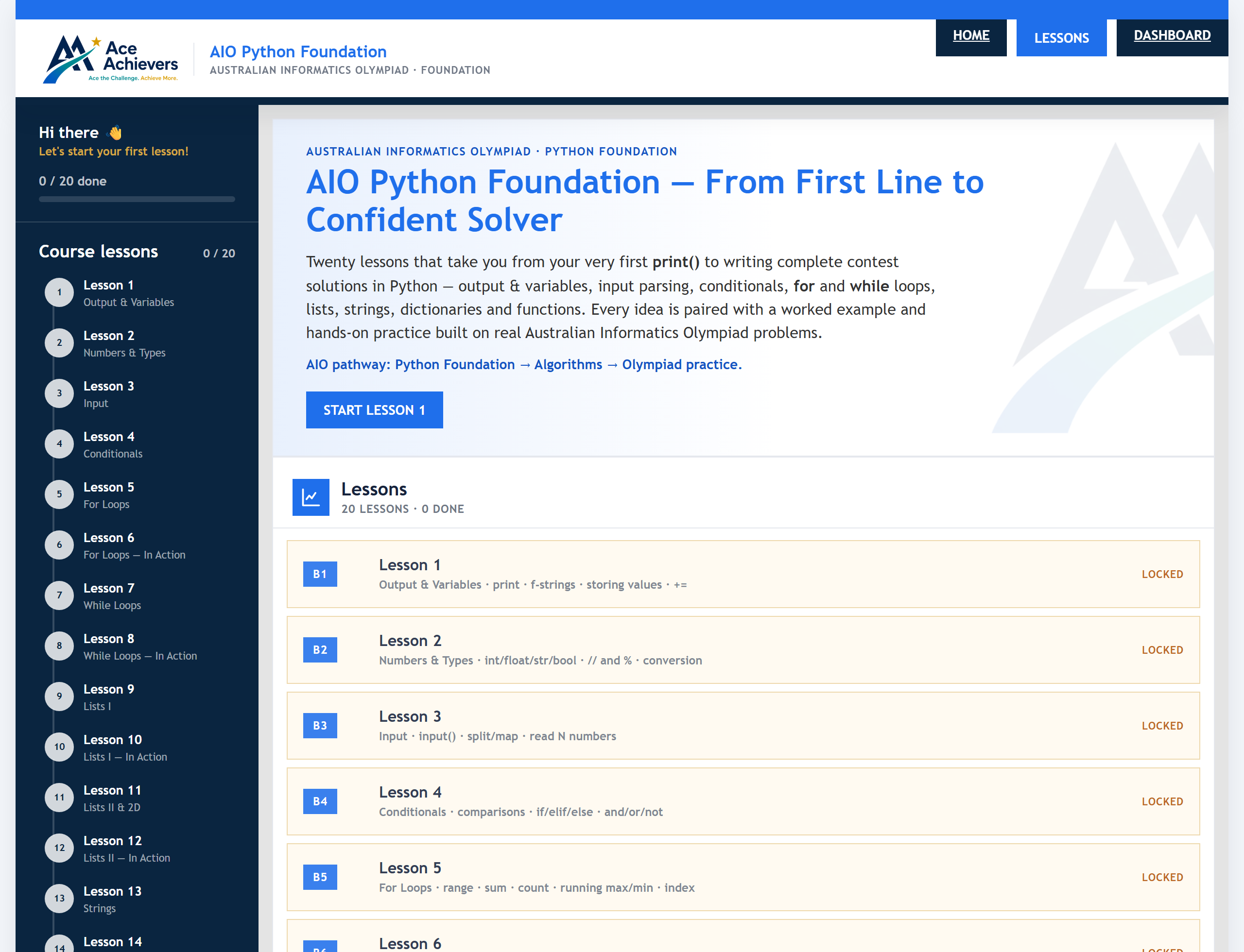 The real AIO Python Foundation course — 20 lessons, free starters unlocked, progress tracked