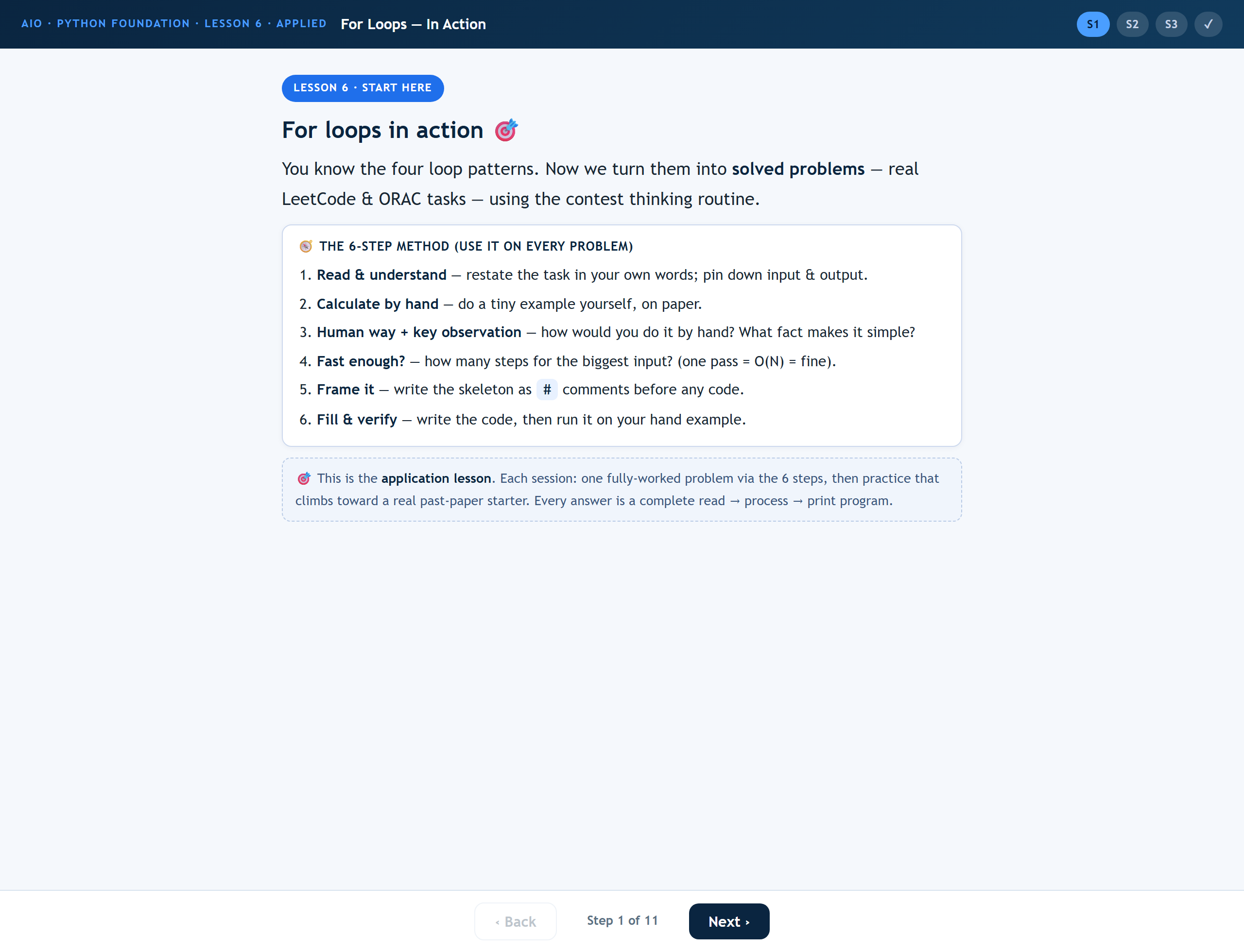 A real AIO Python Foundation lesson — the 6-step method shown inside Lesson 6, For Loops in Action