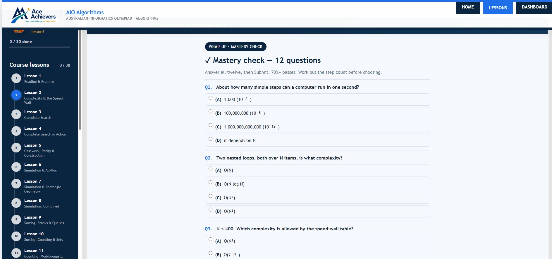 AIO Algorithms mastery check — a 12-question quiz at the end of a topic