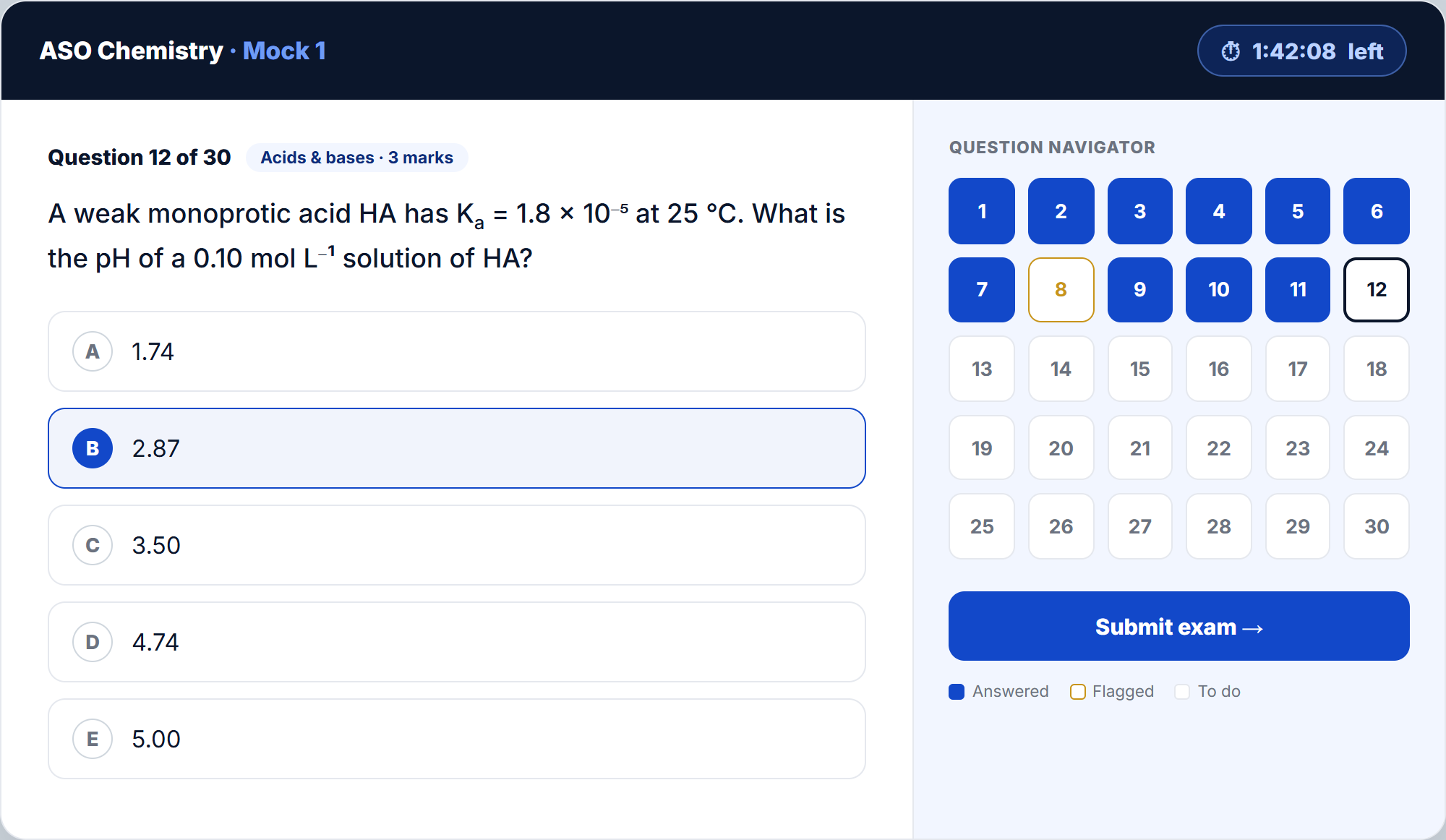Inside an ASO Chemistry mock — question and answer options