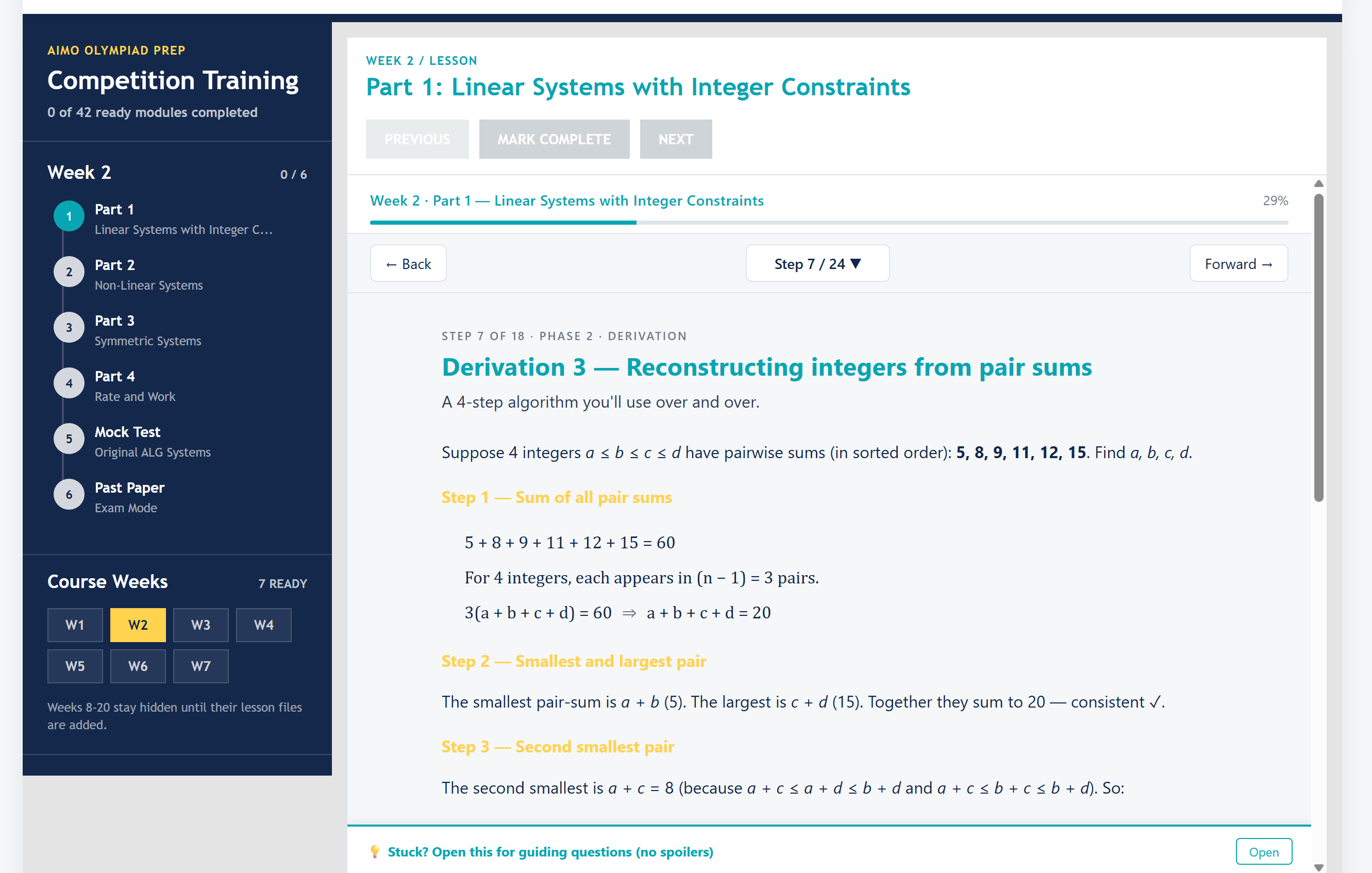 Inside an AIMO lesson — a step-by-step derivation reconstructing integers from their pairwise sums.