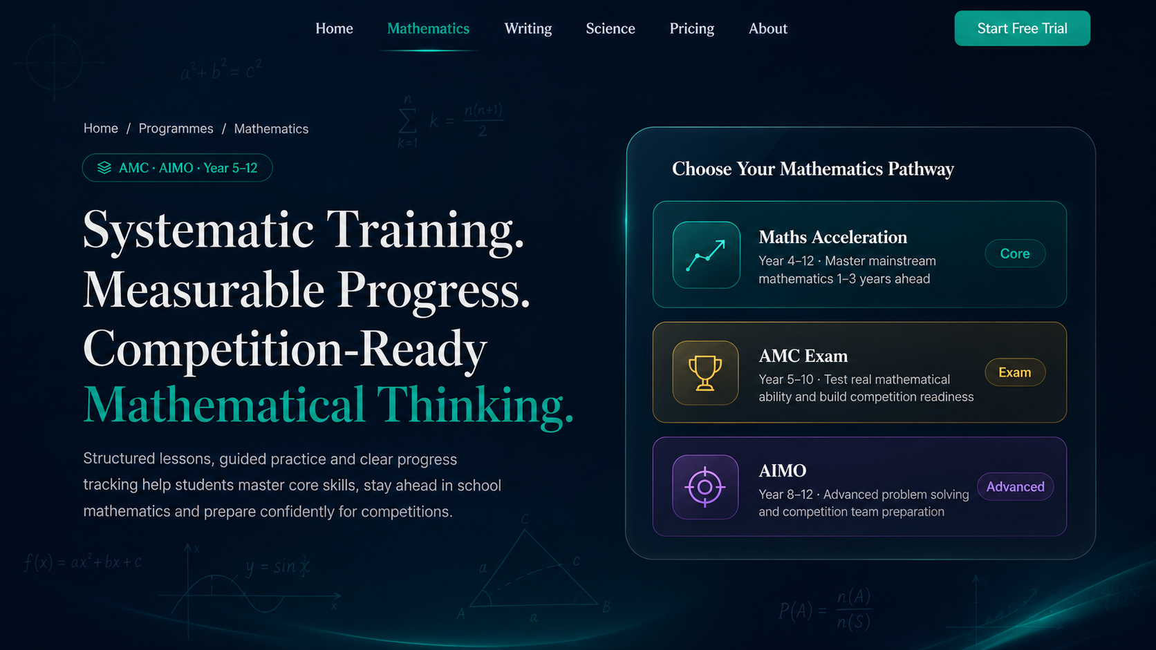Maths competition preparation Australia — systematic training, measurable progress, competition-ready mathematical thinking.