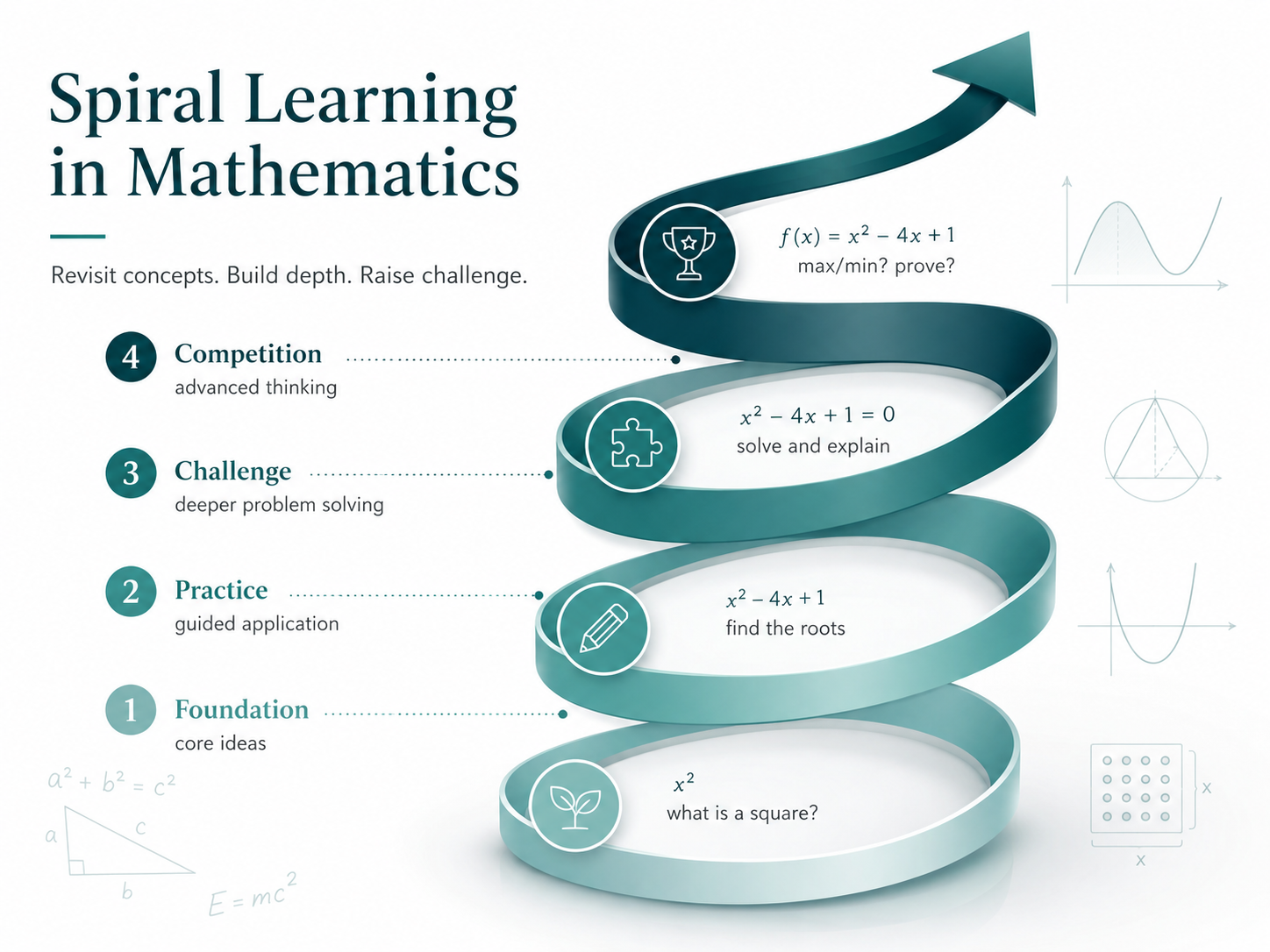 Spiral learning in mathematics — revisit concepts, build depth and raise the challenge with every loop, from foundation to competition.