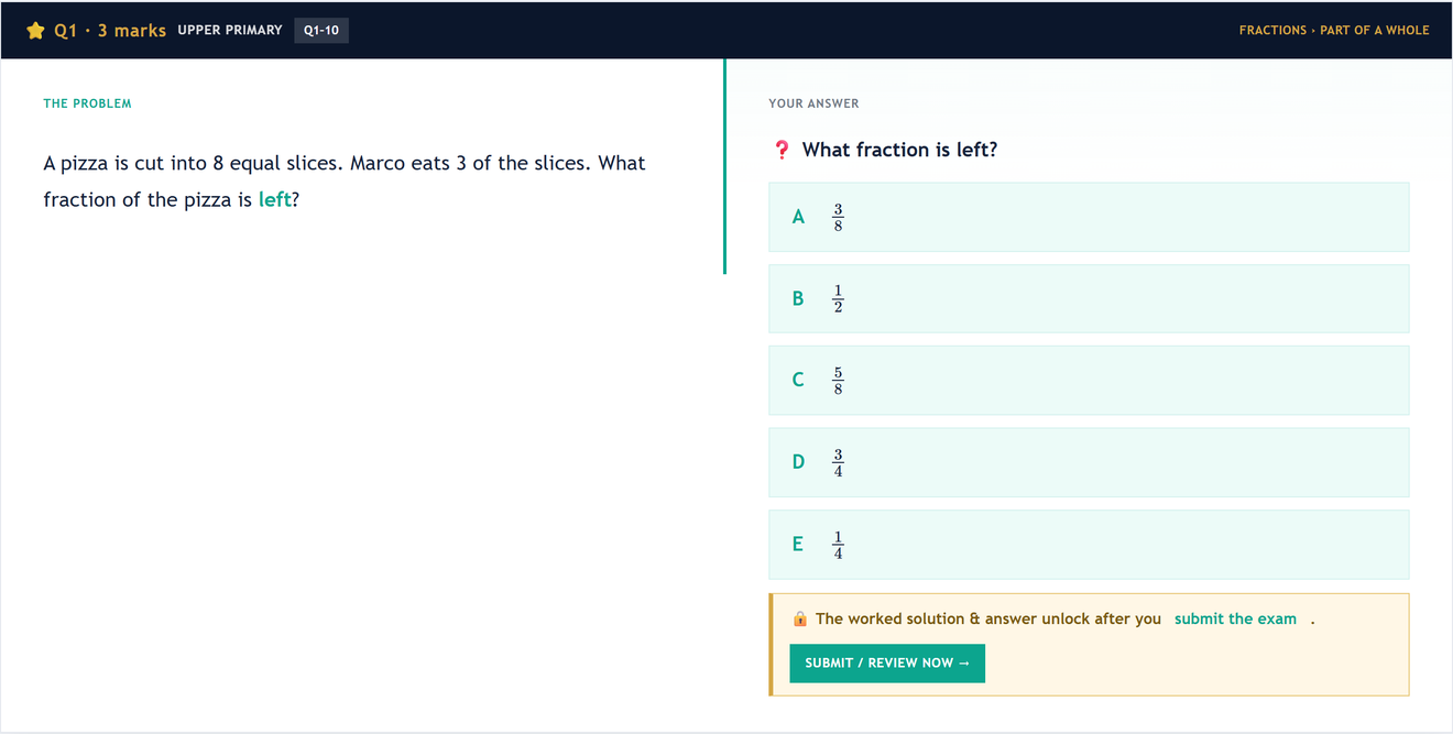 Inside an AMC Y5-6 mock — question, live timer and question navigator