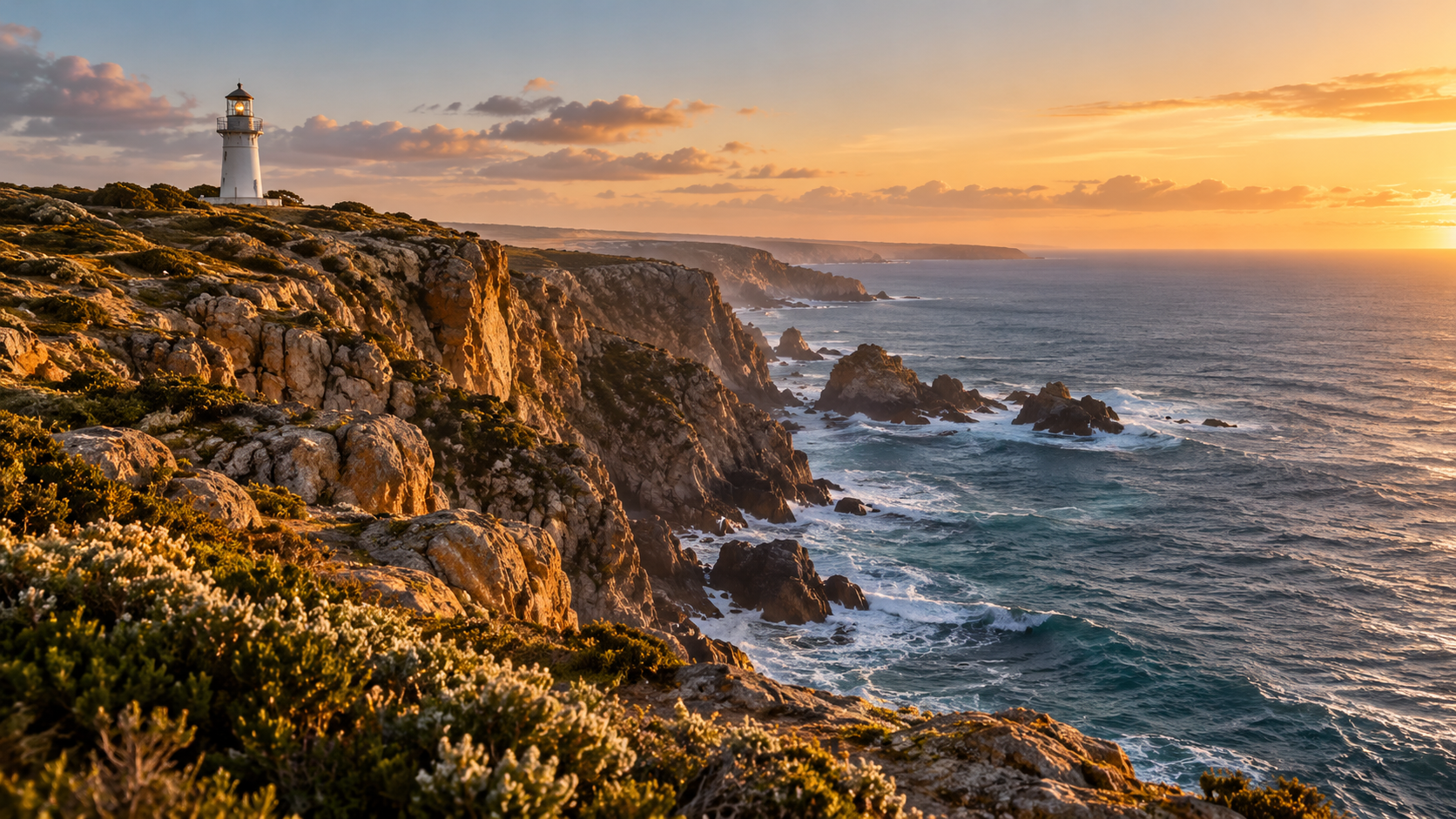 A lighthouse above a rocky coastline at sunset