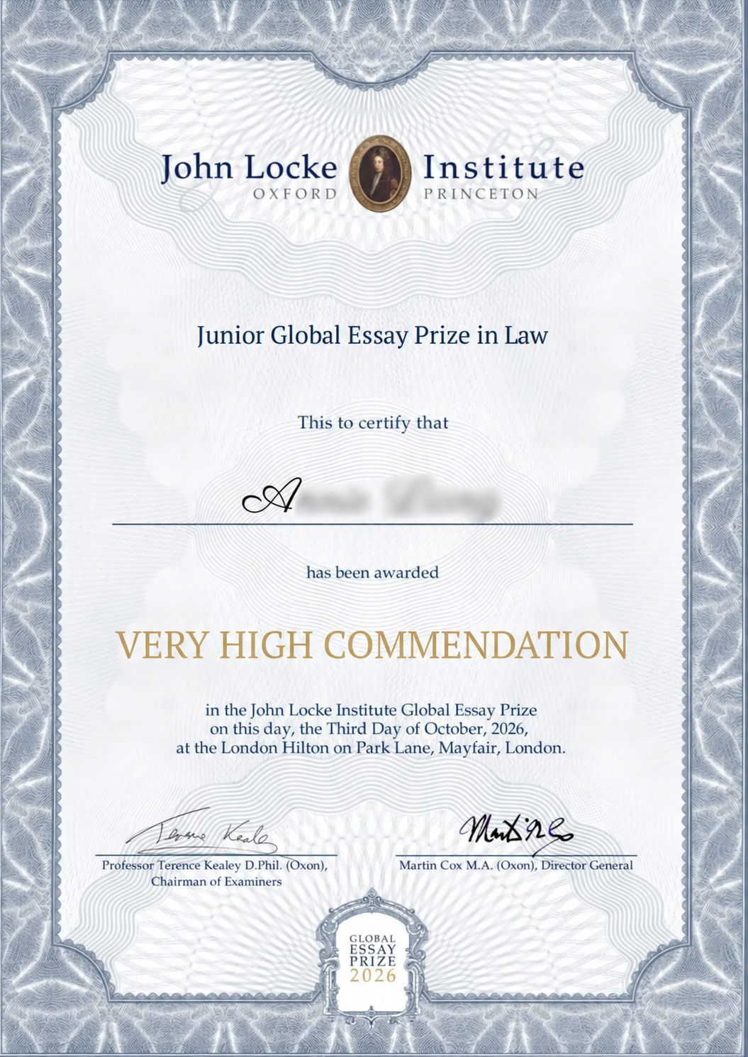 Student A: Law, Very High Commendation, John Locke Junior Global Essay Prize 2026. Name blurred.