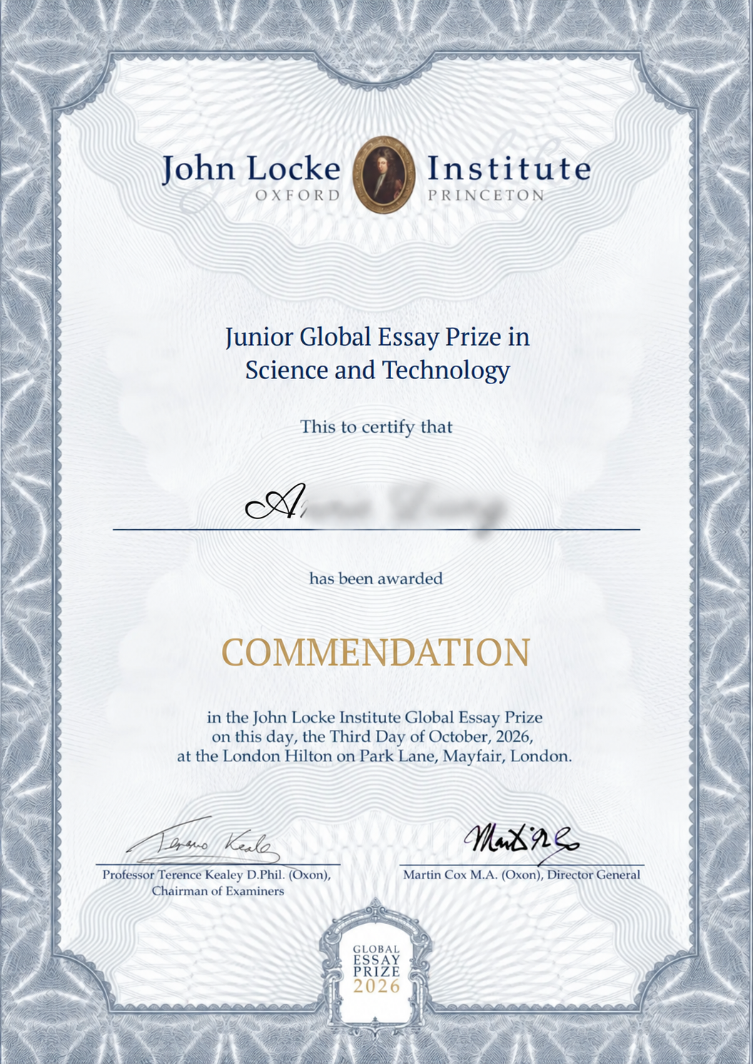 Student A: Science and Technology, Commendation, John Locke Junior Global Essay Prize 2026. Name blurred.
