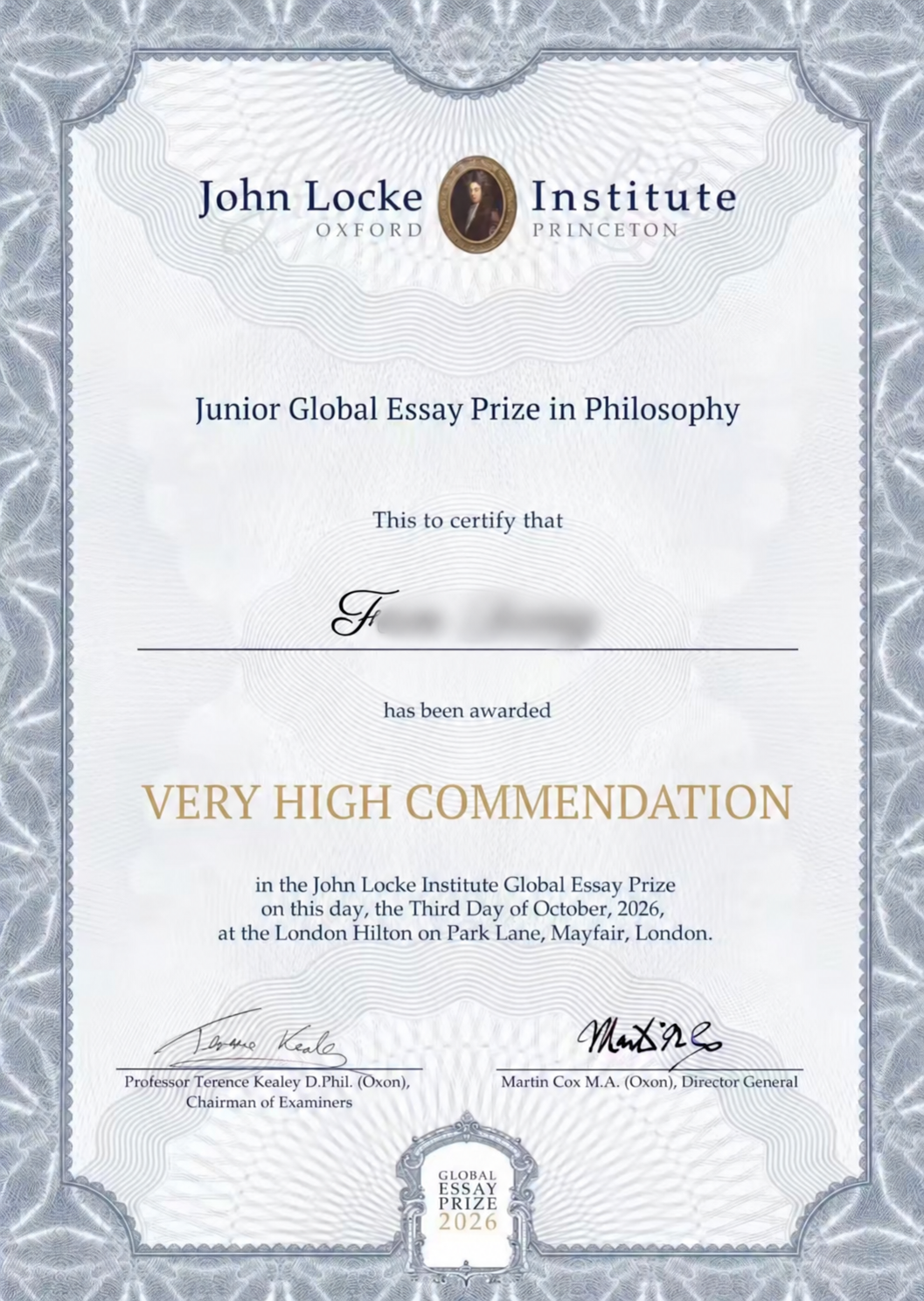 Student F: Philosophy, Very High Commendation, John Locke Junior Global Essay Prize 2026. Name blurred.